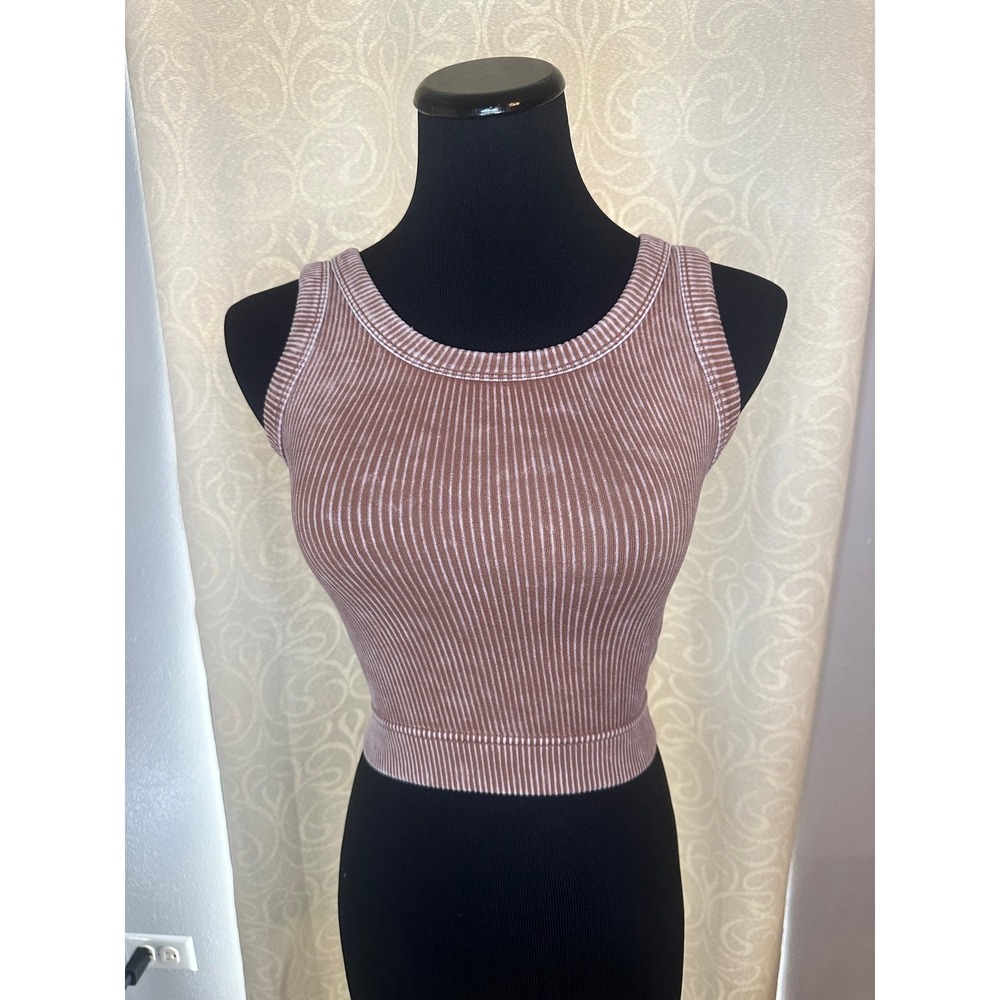 Zenana Ribbed‎ Crop Tank Brown Washed Seamless Stretch Fitted Basic Summer s/m